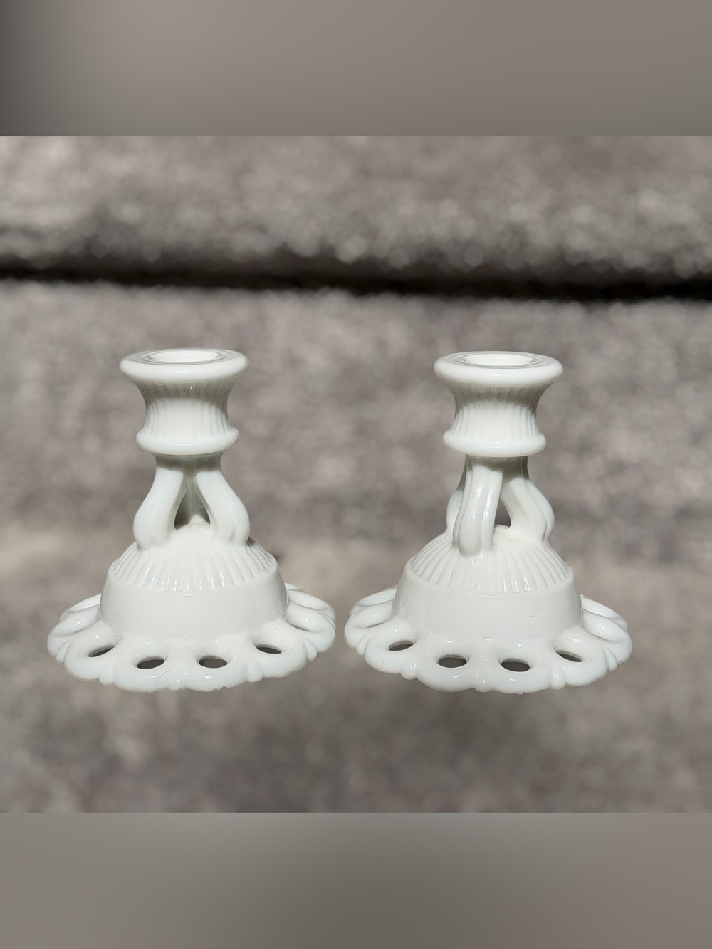 Vintage Westmoreland Doric Lace Milk Glass Candlestick Holders Pair MCM Cottage